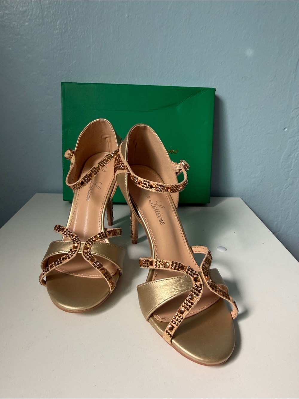 Lauren Lorraine Gold Metallic Beaded Strappy Heels